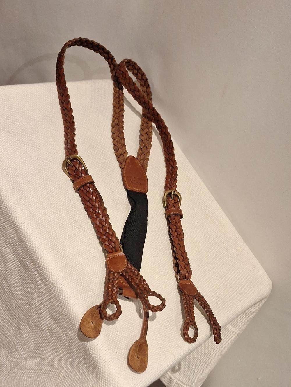Braided Leather Suspenders in Tan